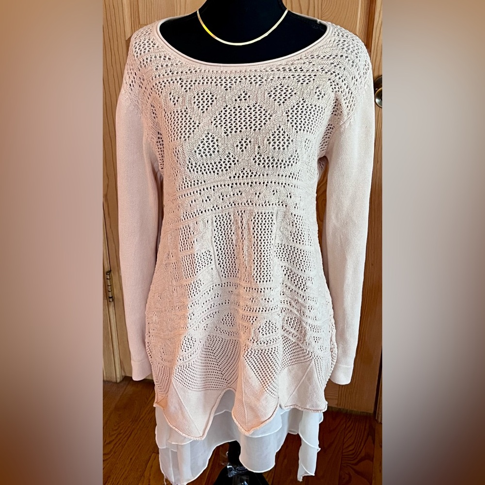 Simply Couture Crochet Lace Handkerchief Hem Tunic Chiffon Layered Boho Cream M